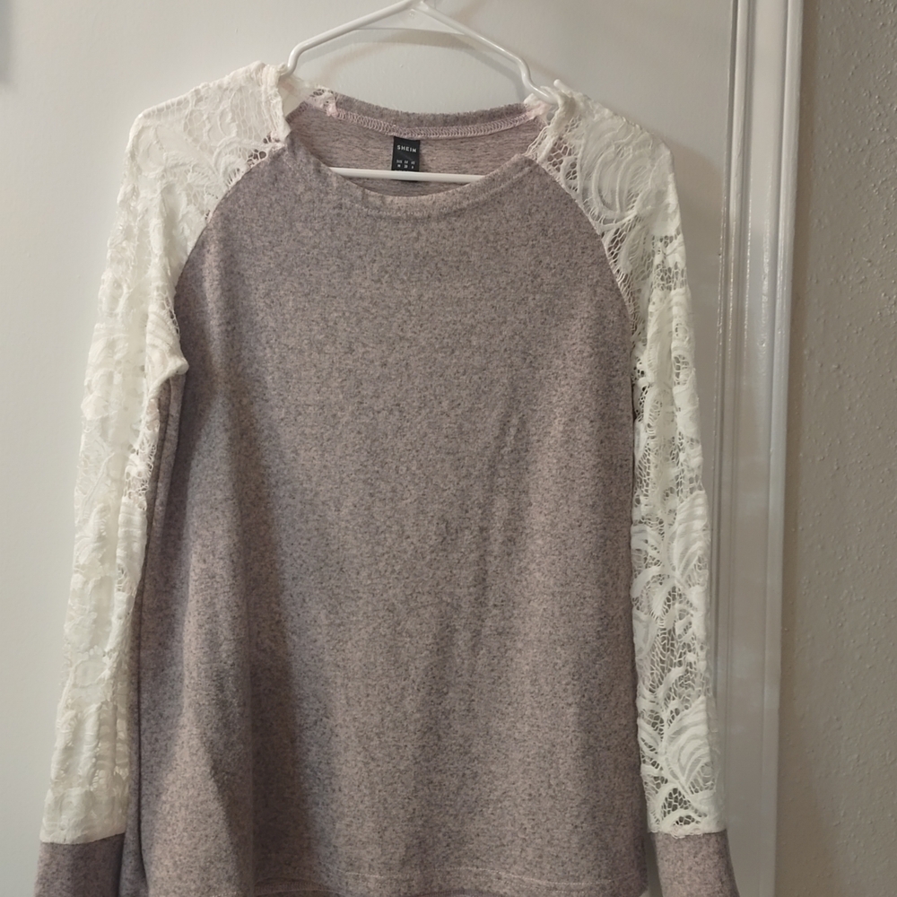 SHEIN Women's Sweatshirt - Heathered Purple with White Lace Sleeves - Picture 2 of 5
